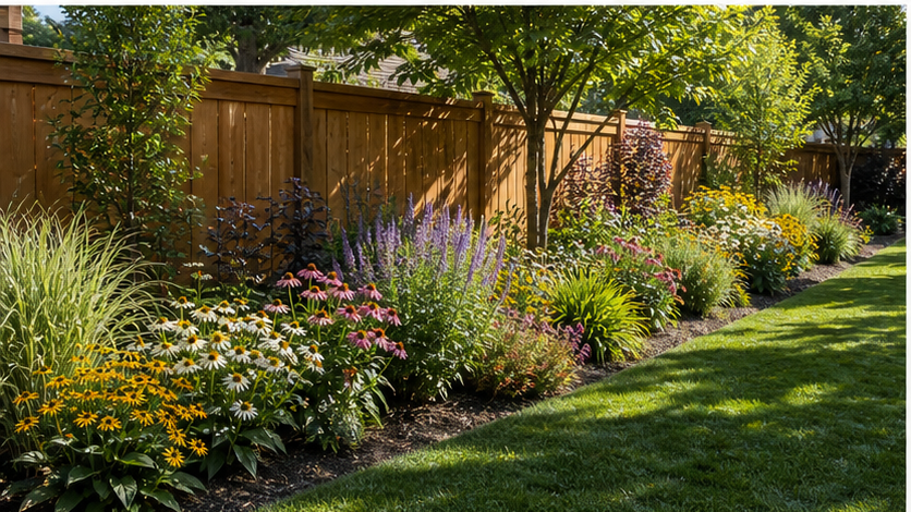 Privacy Fence Landscaping Ideas with seasonal color