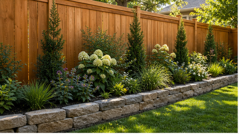Privacy Fence Landscaping Ideas with stone border
