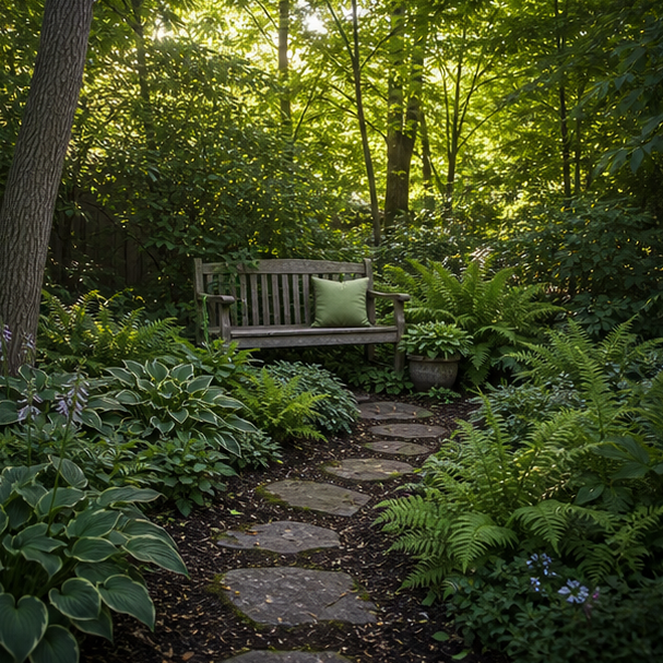 Shade Garden Landscaping Ideas with bench nook