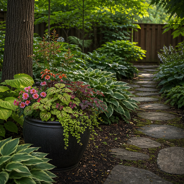 Shade Garden Landscaping Ideas with container accents