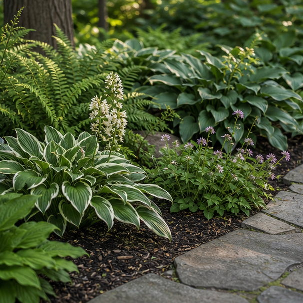 Shade Garden Landscaping Ideas with material and planting detail