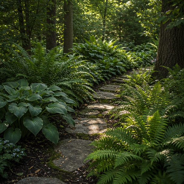 Shade Garden Landscaping Ideas with fern texture