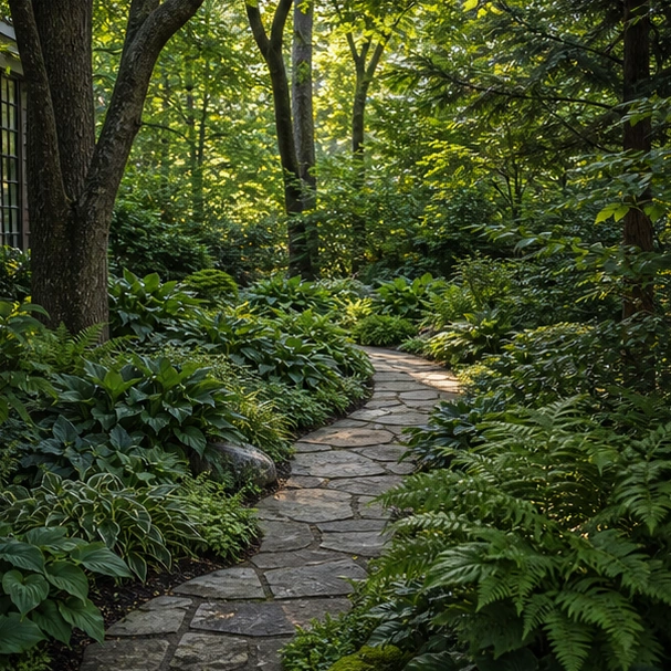 Shade Garden Landscaping Ideas with foliage layers