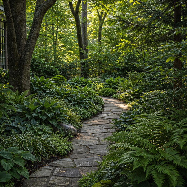 Shade Garden Landscaping Ideas with foliage layers