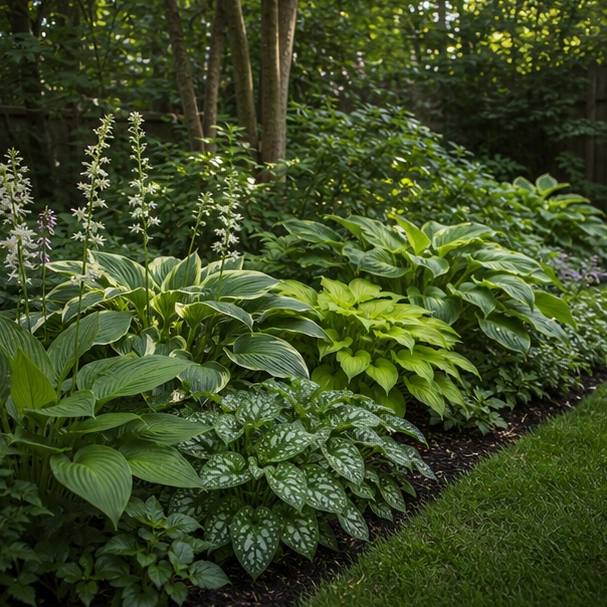 Shade Garden Landscaping Ideas with leafy border