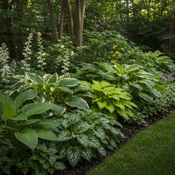 Shade Garden Landscaping Ideas with leafy border
