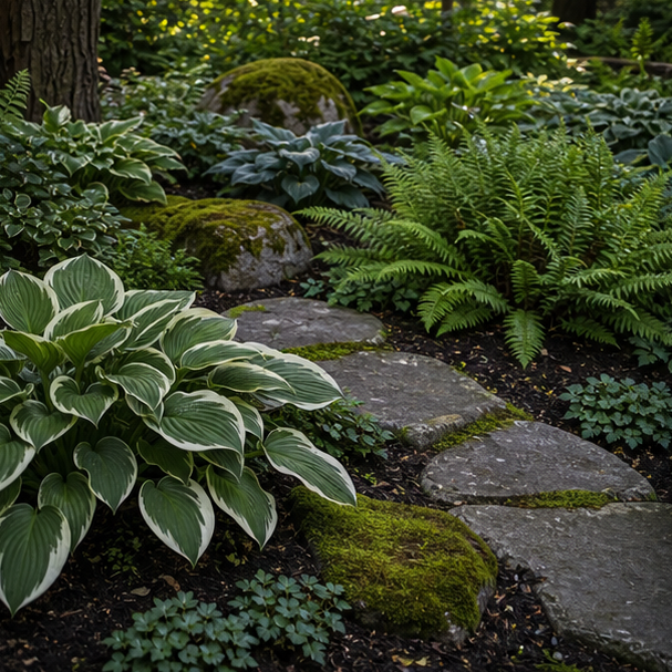 Shade Garden Landscaping Ideas with materials and planting