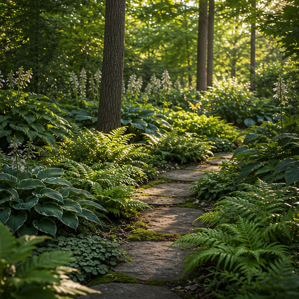 Shade Garden Landscaping Ideas with soft filtered light