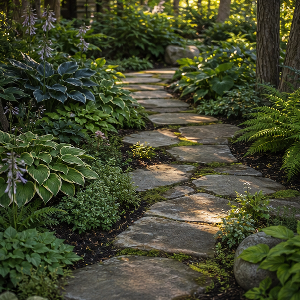 Shade Garden Landscaping Ideas with stone path