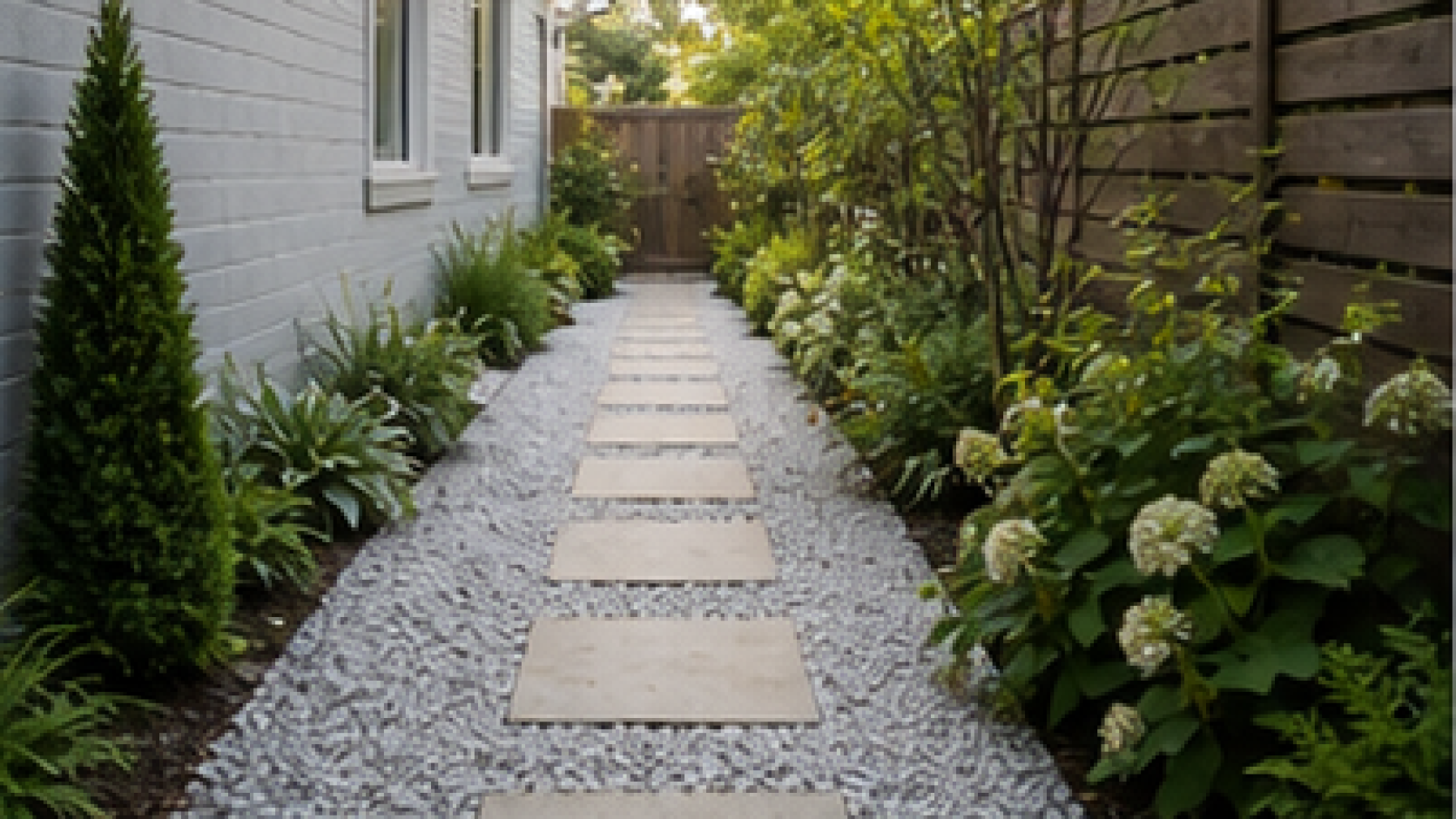 Side Yard Garden Ideas with light gravel