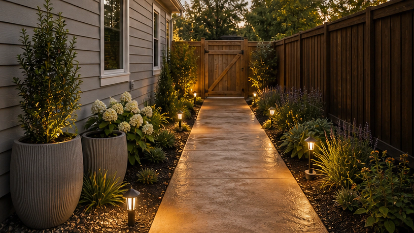 Side Yard Landscaping Ideas with a treated concrete look