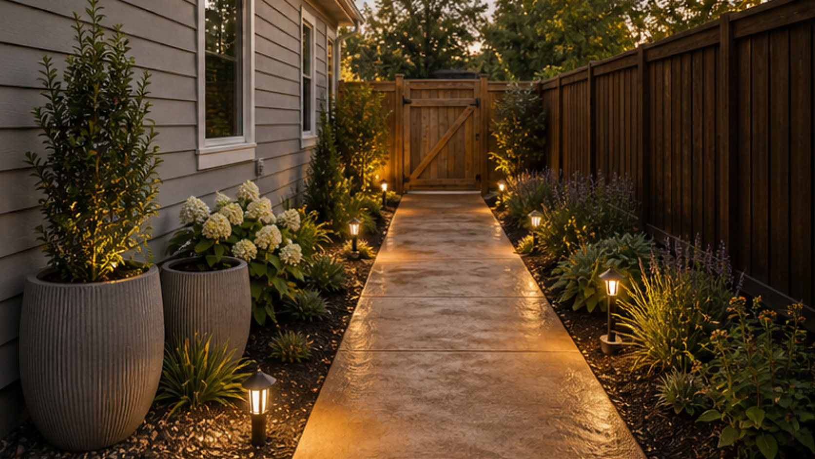 Side Yard Landscaping Ideas with a treated concrete look