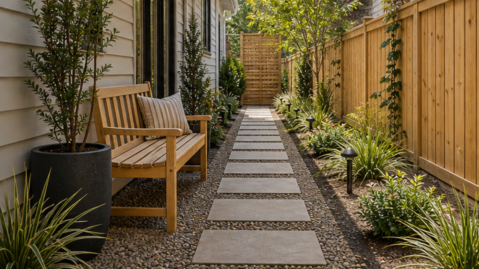 Side Yard Landscaping Ideas with a bench accent