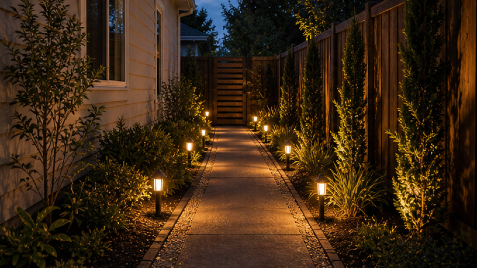 Side Yard Landscaping Ideas with path light accents
