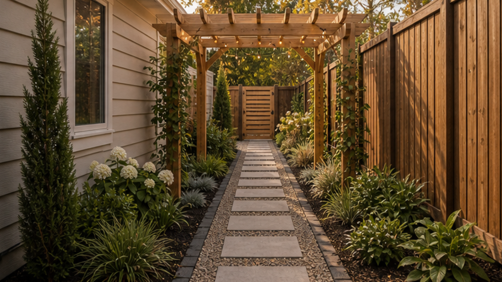 Side Yard Landscaping Ideas with a pergola accent