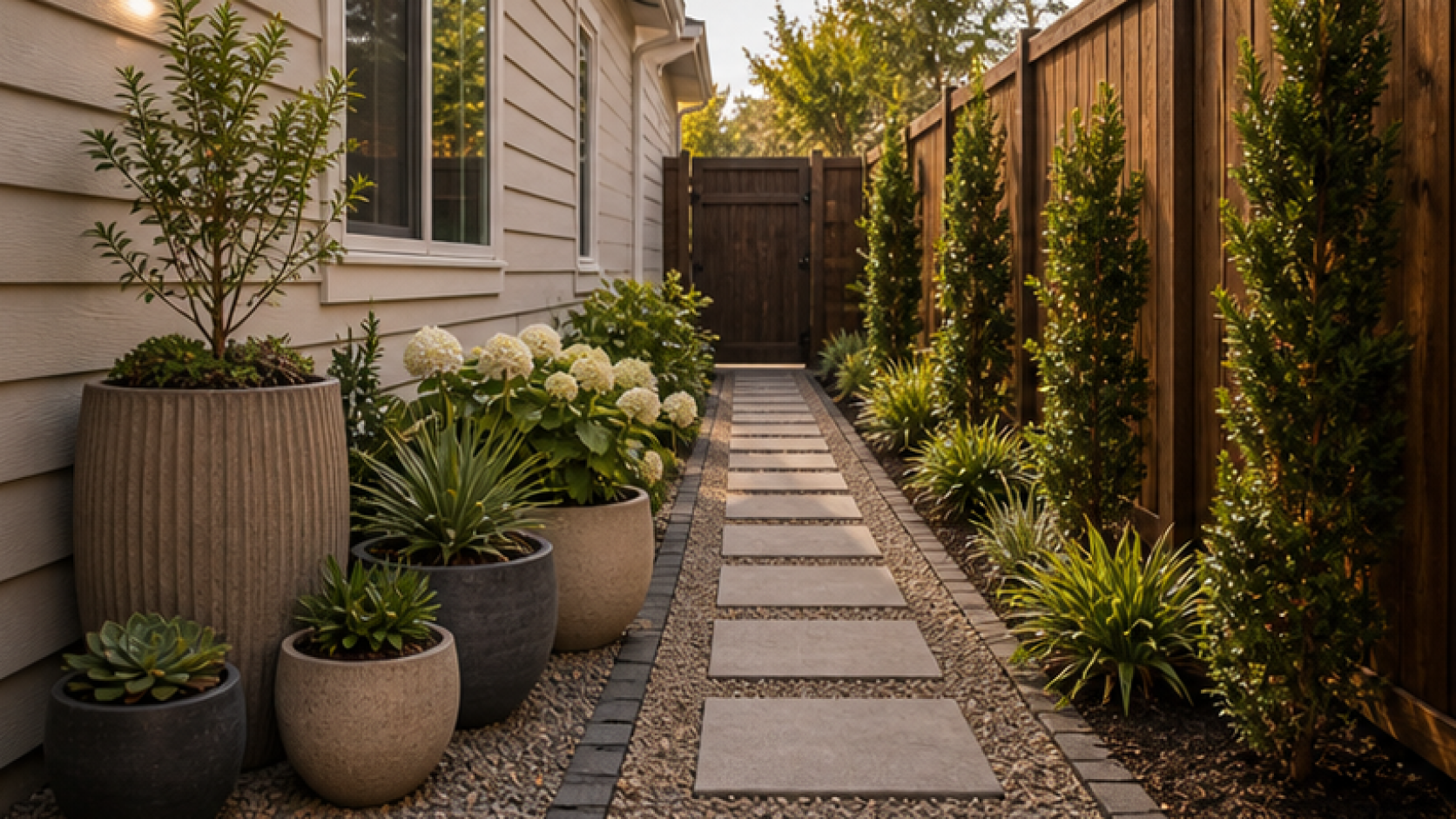 Side Yard Landscaping Ideas with grouped planters
