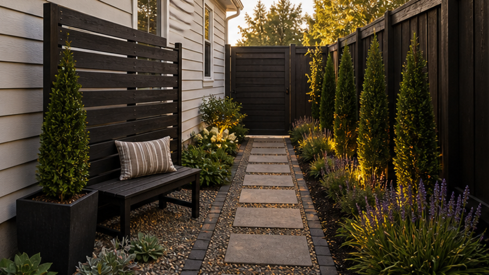 Side Yard Landscaping Ideas with dark wood accents
