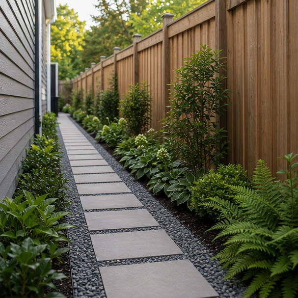Side Yard Paver Ideas with fence route