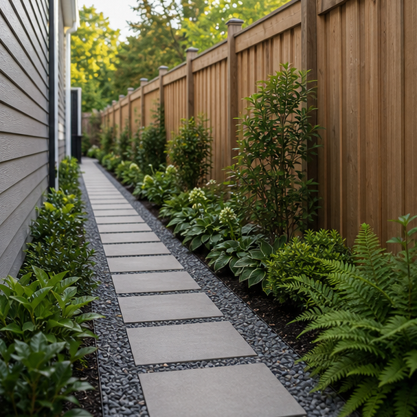 Side Yard Paver Ideas with fence route