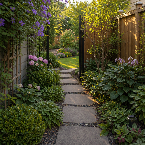 Side Yard Paver Ideas with garden transition