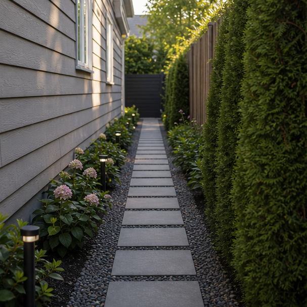 Side Yard Paver Ideas with narrow pavers