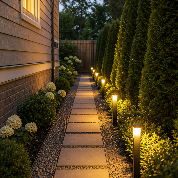 Side Yard Paver Ideas with path lights