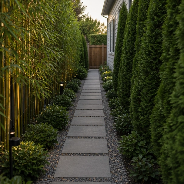 Side Yard Paver Ideas with privacy greenery