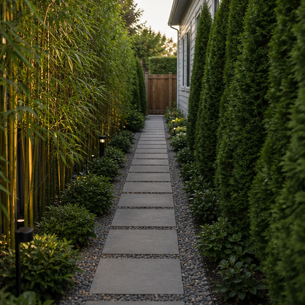 Side Yard Paver Ideas with privacy greenery
