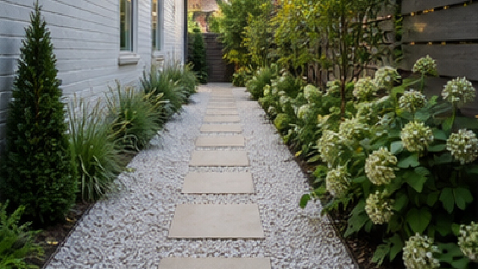 Side Yard Walkway Ideas with light gravel