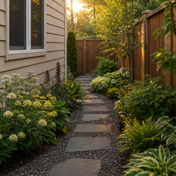 Side Yard Walkway Ideas with layered planting