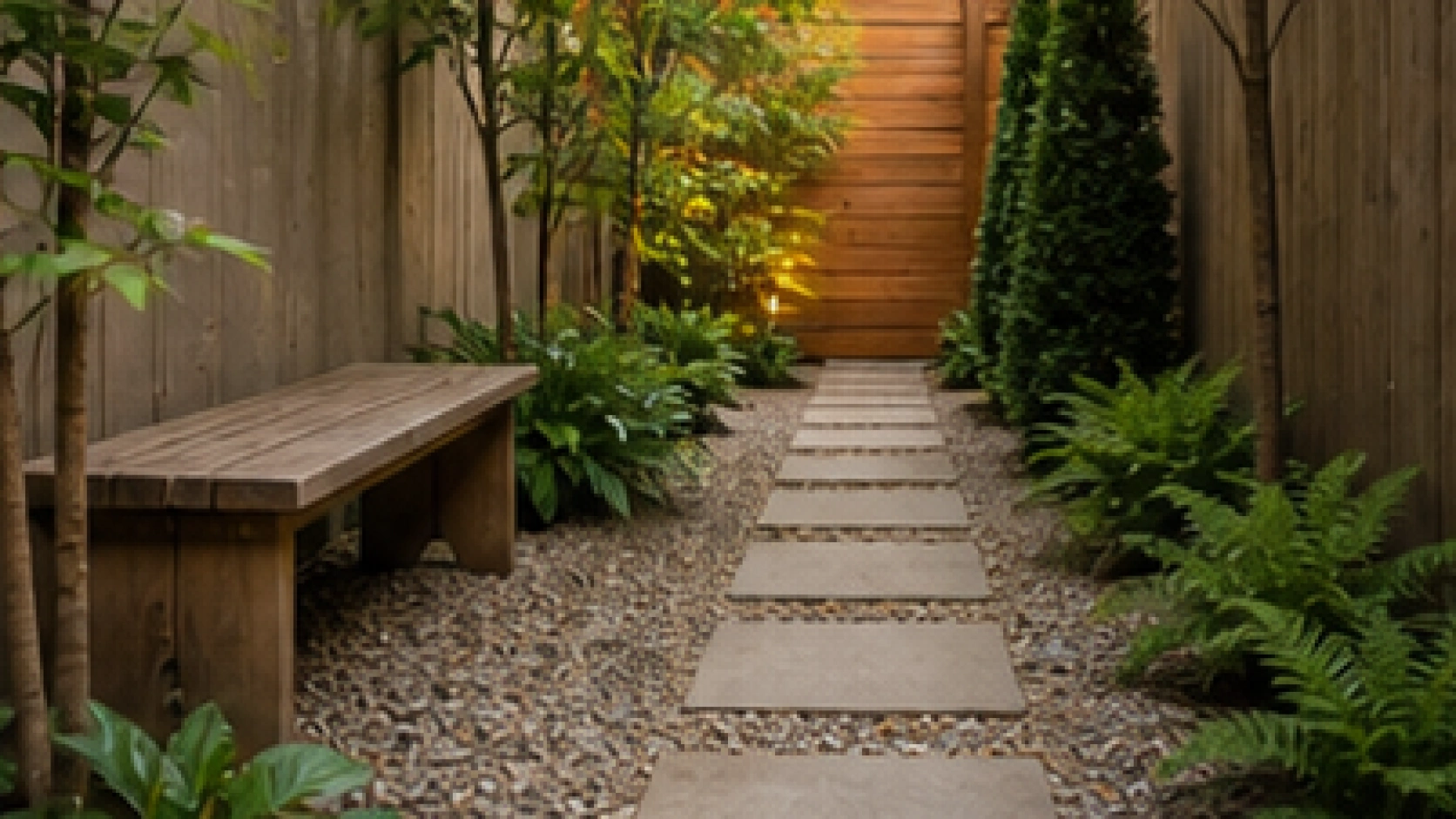 Side Yard Walkway Ideas with small bench
