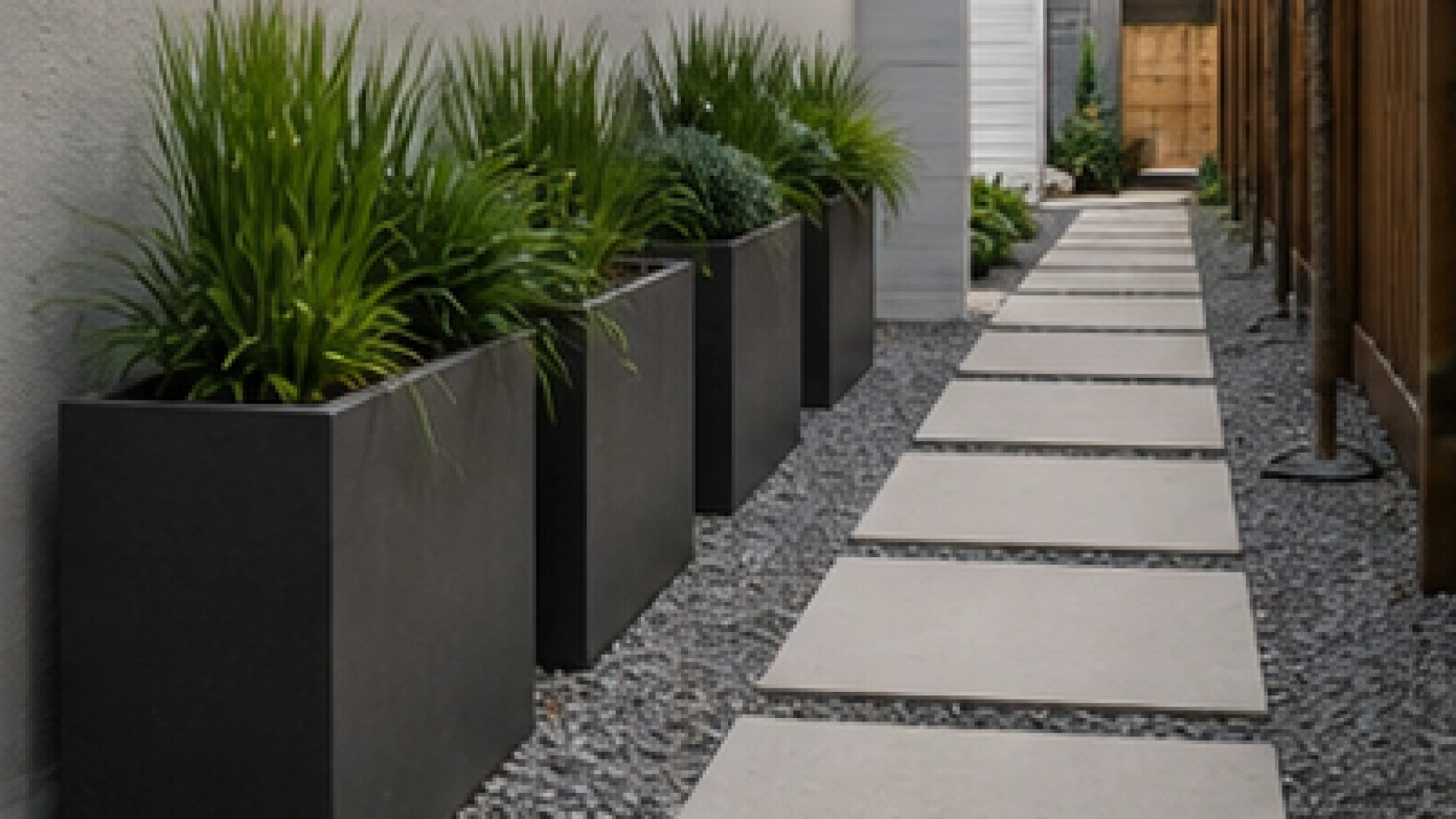 Side Yard Walkway Ideas with slim planters