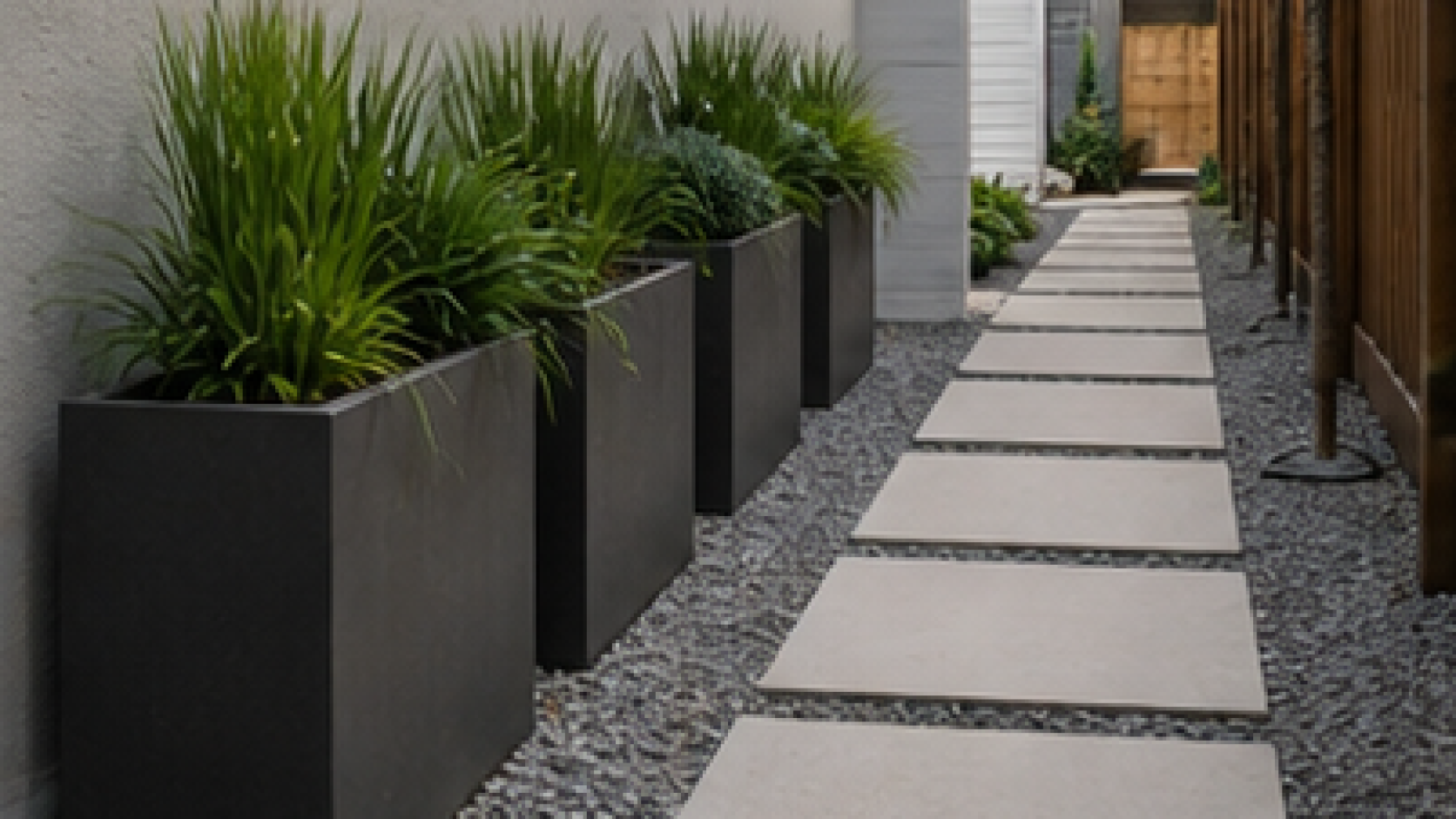 Side Yard Walkway Ideas with slim planters