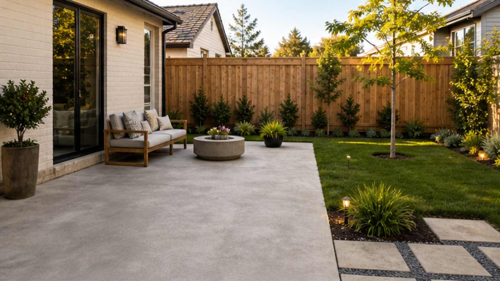 Simple Backyard Landscaping Ideas with a natural concrete look