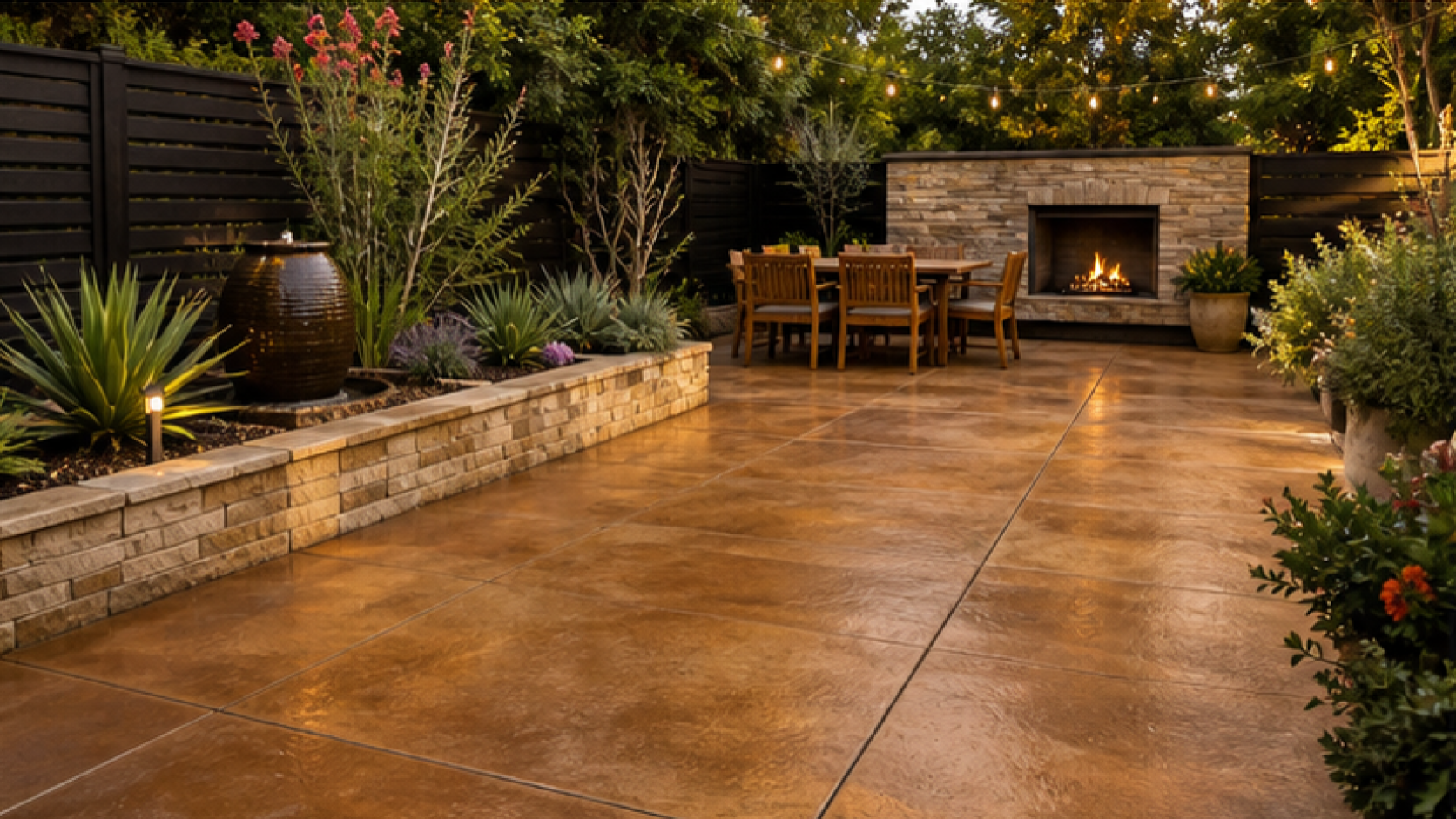 Simple Backyard Landscaping Ideas with a treated concrete look