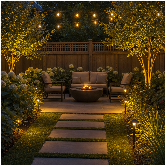 Simple Backyard Landscaping Ideas with evening light