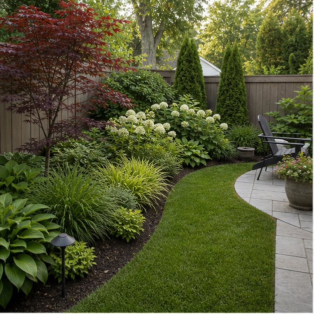 Simple Backyard Landscaping Ideas with lush planting