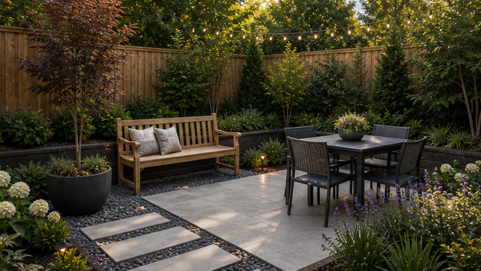 Simple Backyard Landscaping Ideas with a bench accent