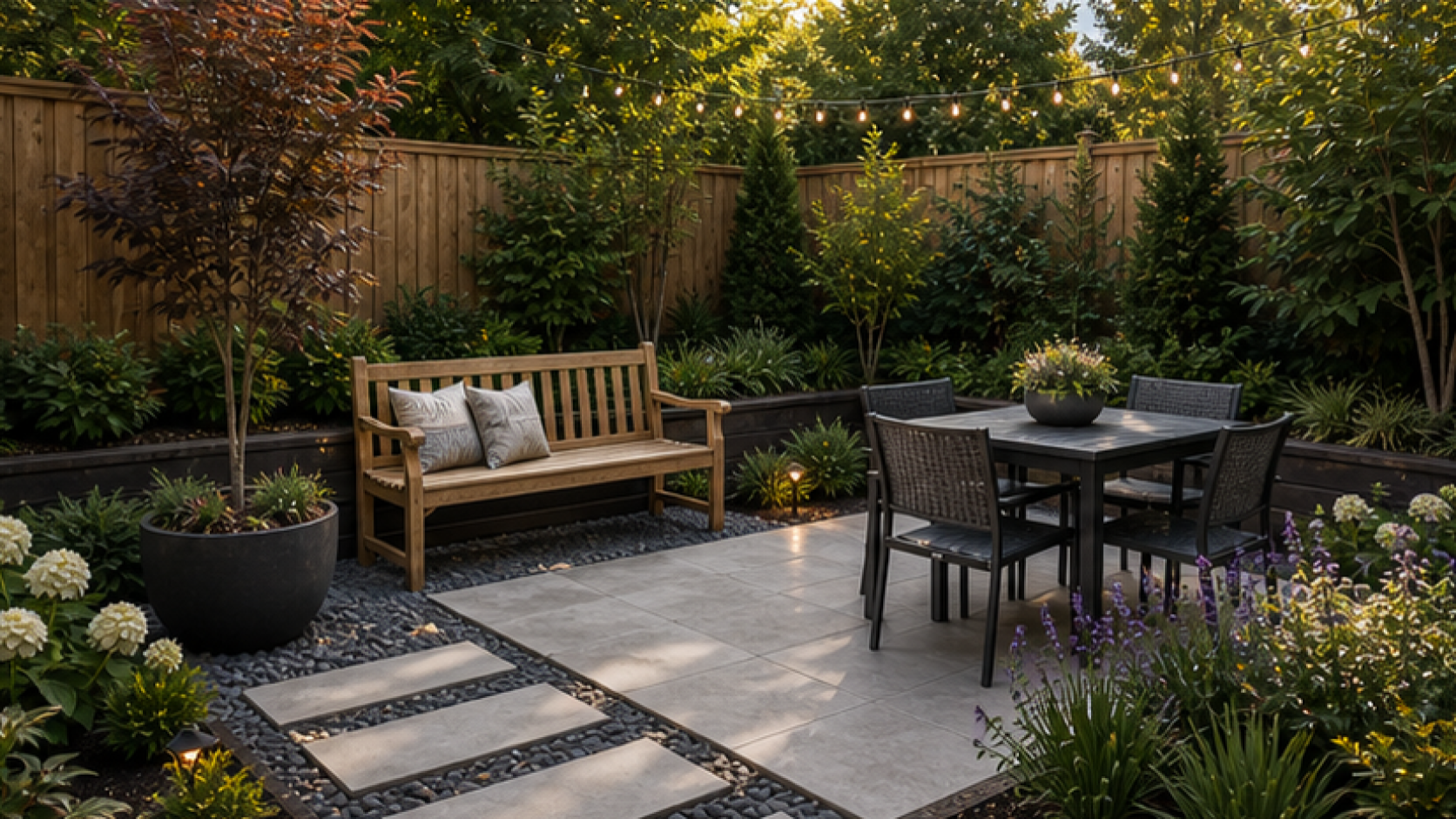 Simple Backyard Landscaping Ideas with a bench accent