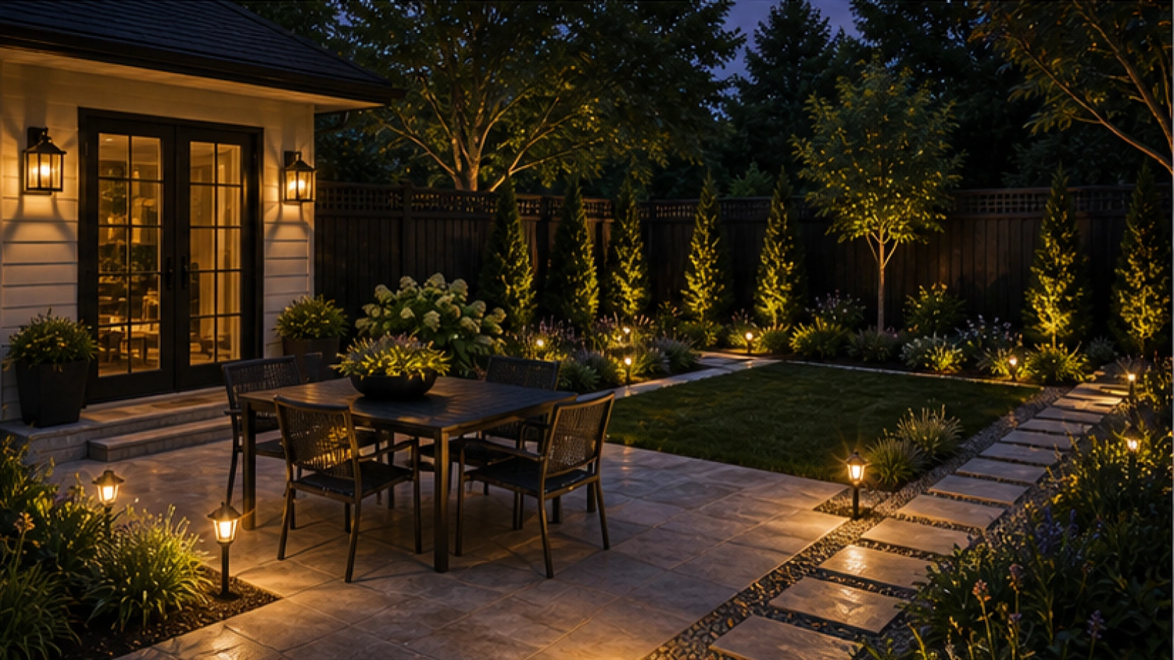 Simple Backyard Landscaping Ideas with path light accents