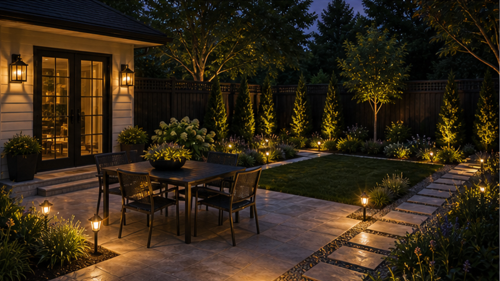 Simple Backyard Landscaping Ideas with path light accents