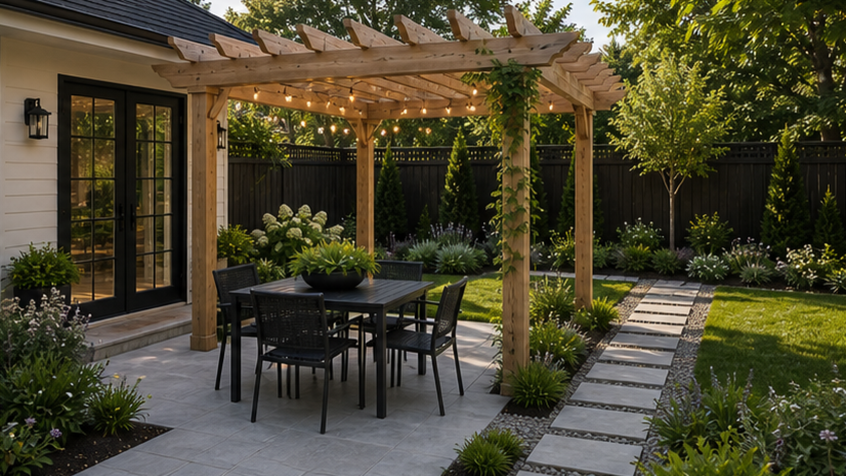 Simple Backyard Landscaping Ideas with a pergola accent