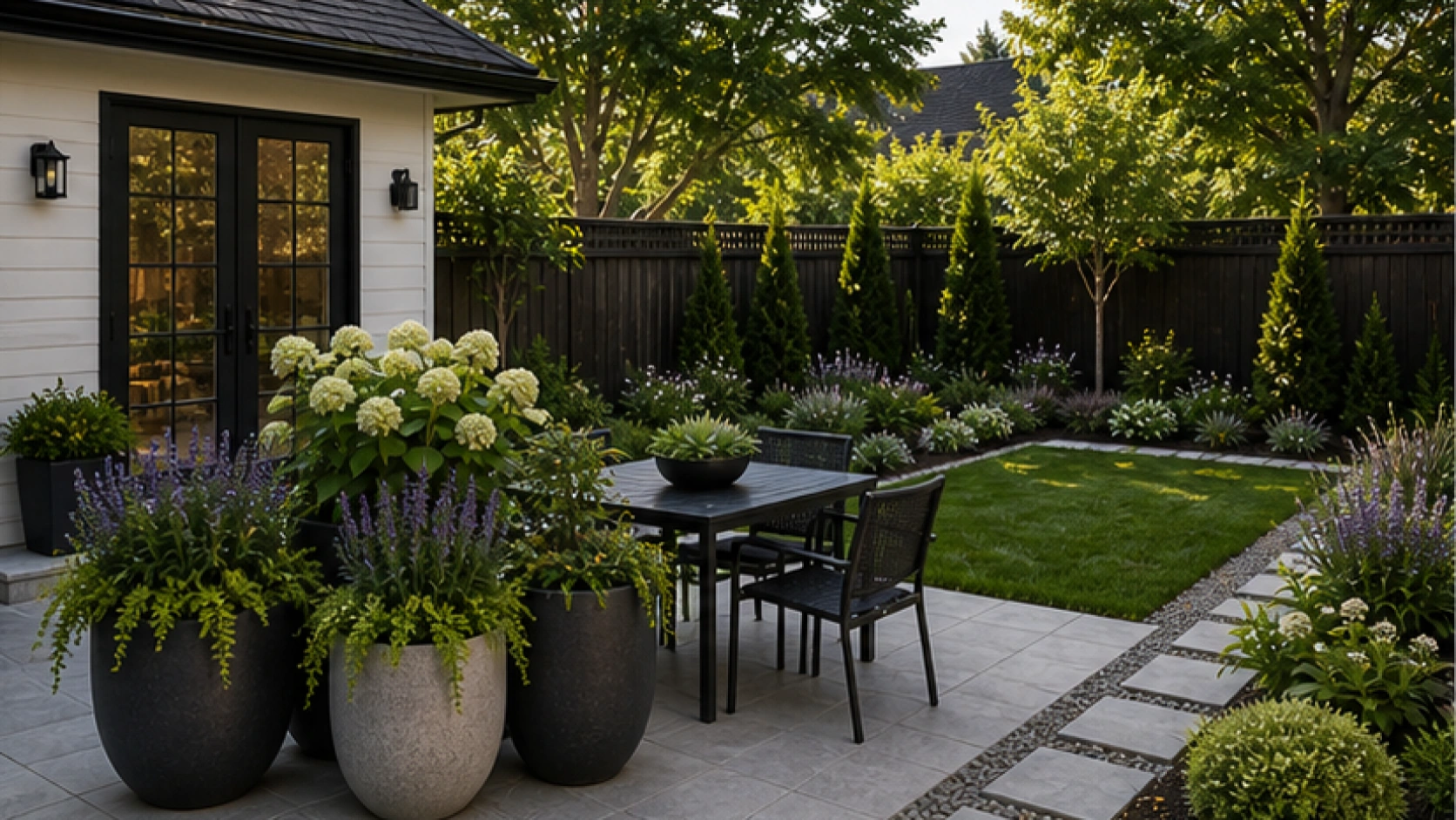 Simple Backyard Landscaping Ideas with grouped planters