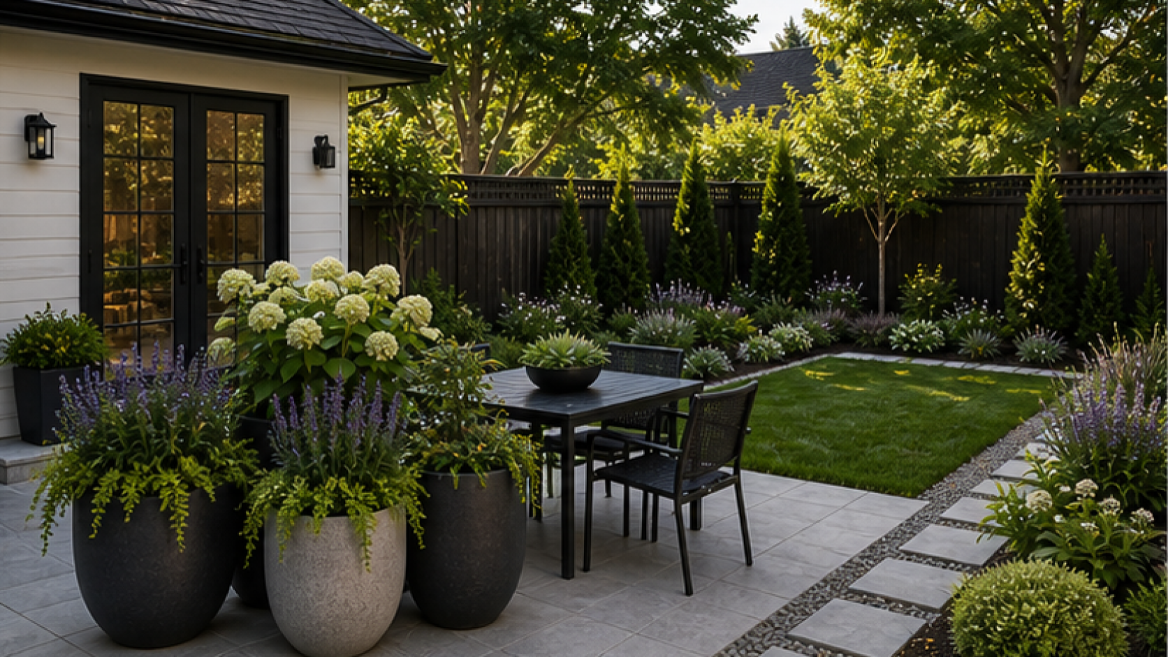 Simple Backyard Landscaping Ideas with grouped planters