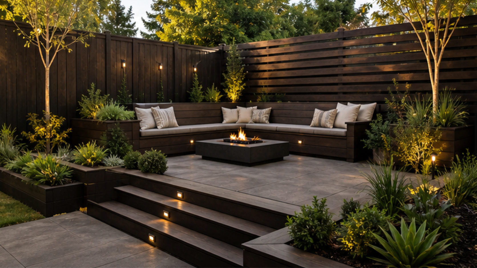 Simple Backyard Landscaping Ideas with dark wood accents