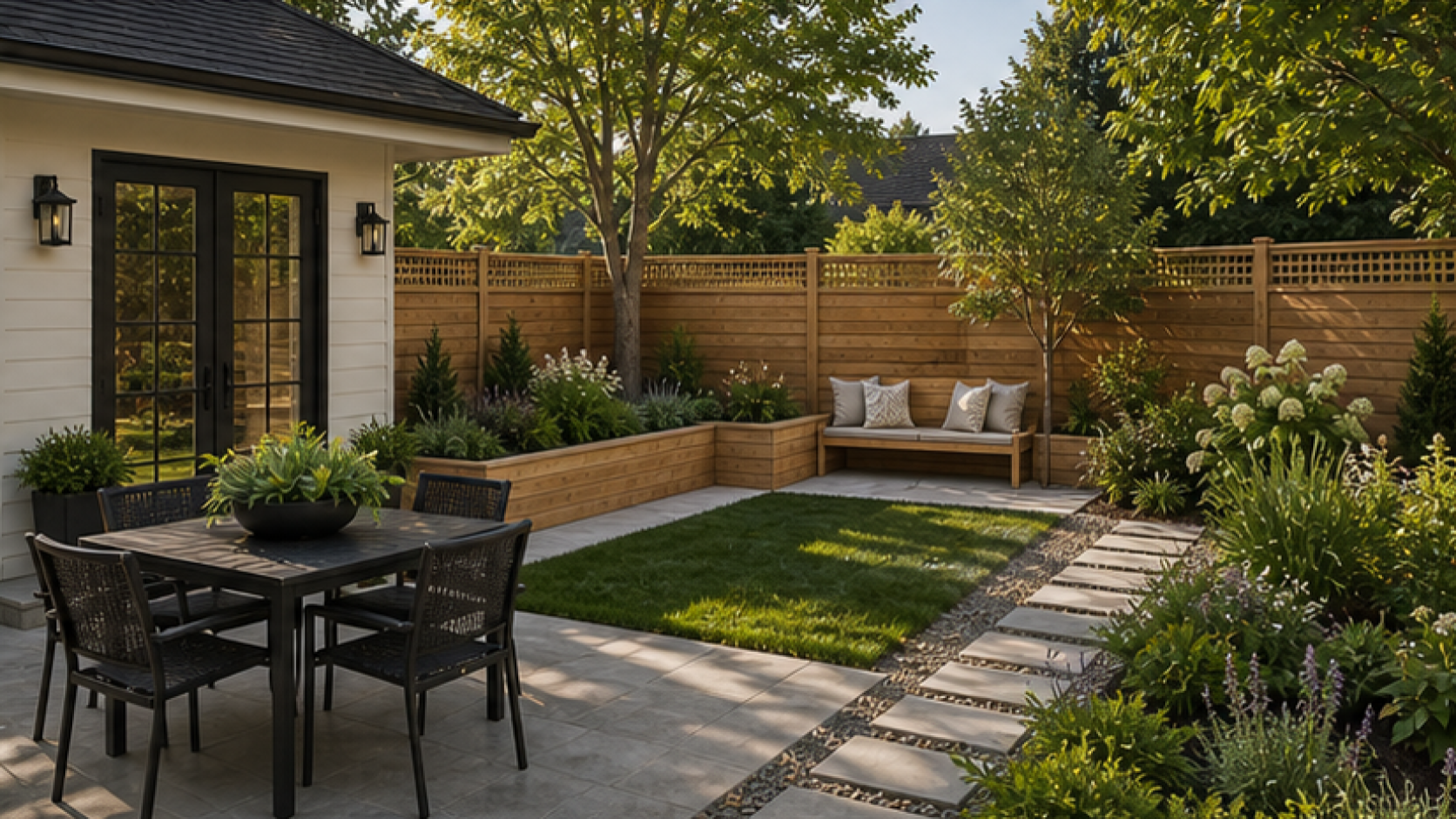 Simple Backyard Landscaping Ideas with natural wood accents