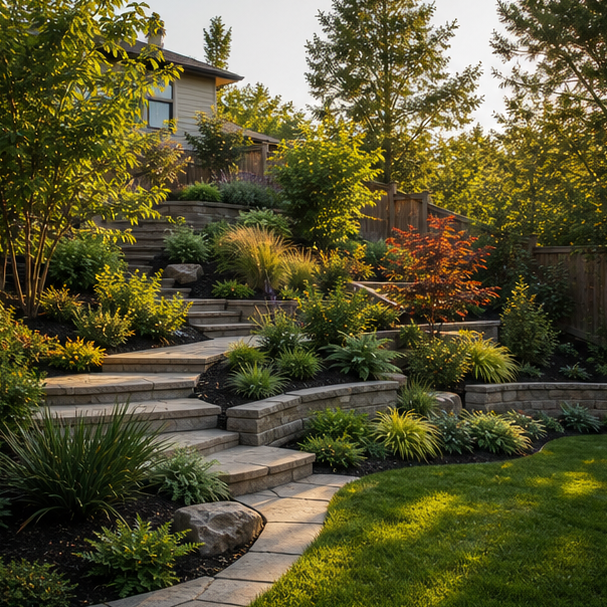 Sloped Backyard Landscaping Ideas with layered planting