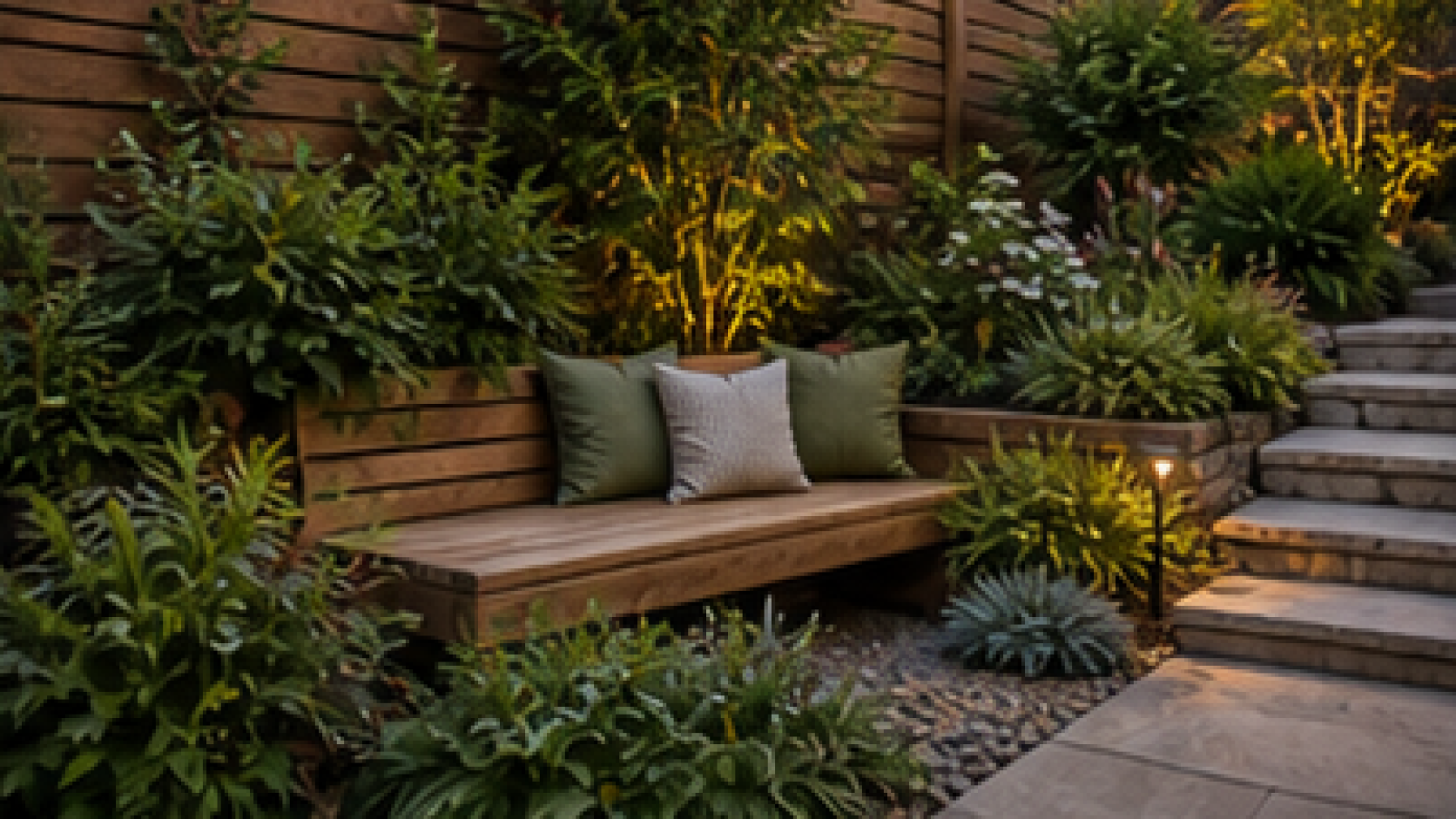 Sloped Backyard Landscaping Ideas with bench nook
