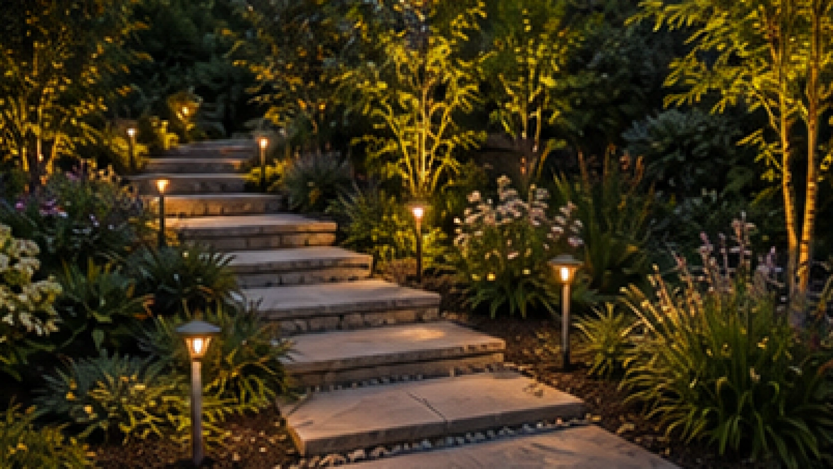 Sloped Backyard Landscaping Ideas with path lights