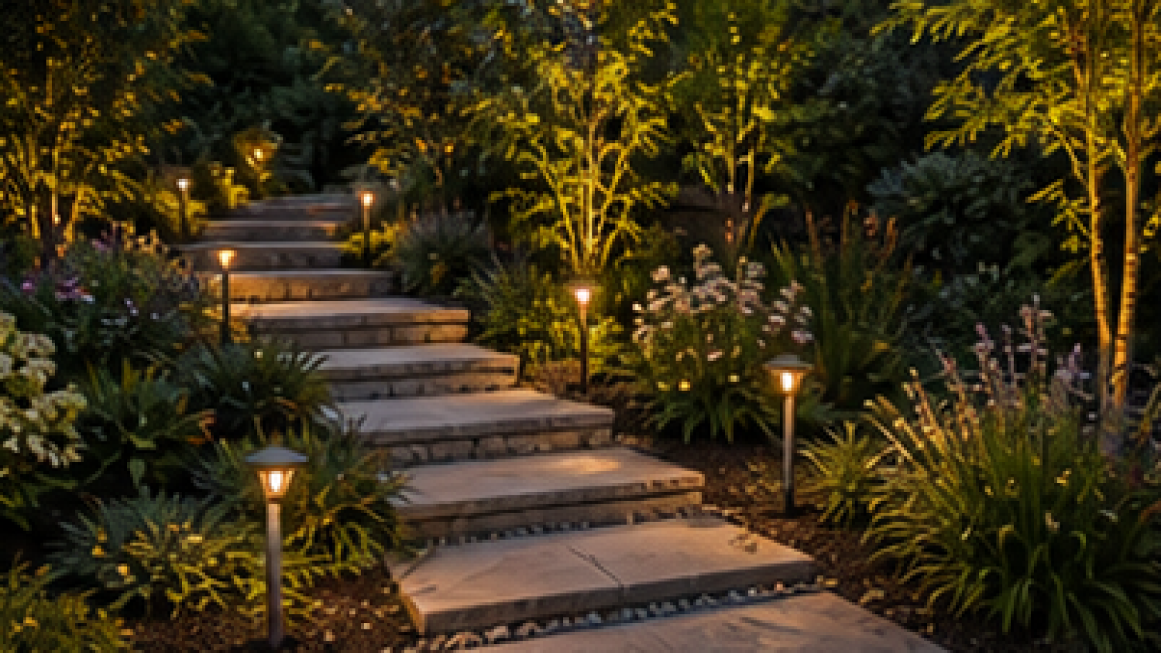Sloped Backyard Landscaping Ideas with path lights